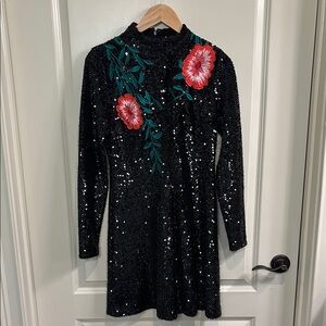 Gianni Binni Sequin Mini Dress with embroidered floral embellishments